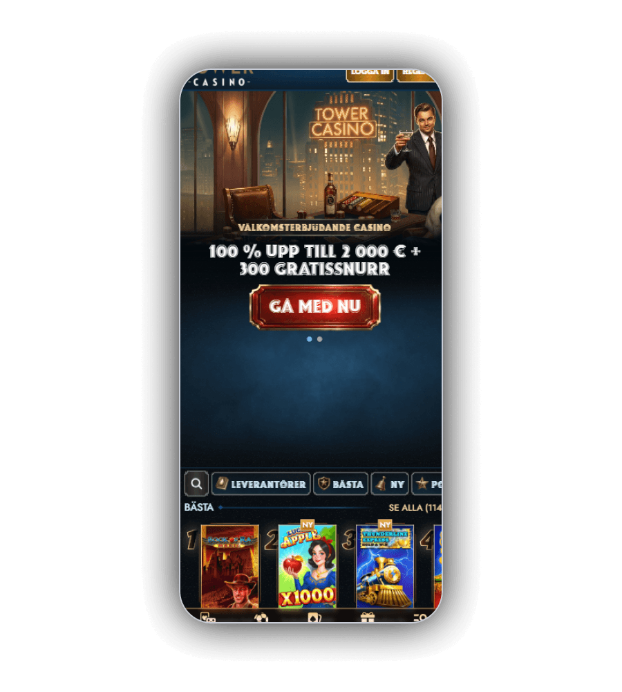 Lobbyn på Tower Casino med välkomstskylten 100 % upp till 20 000 kronor plus 300 gratissnurr