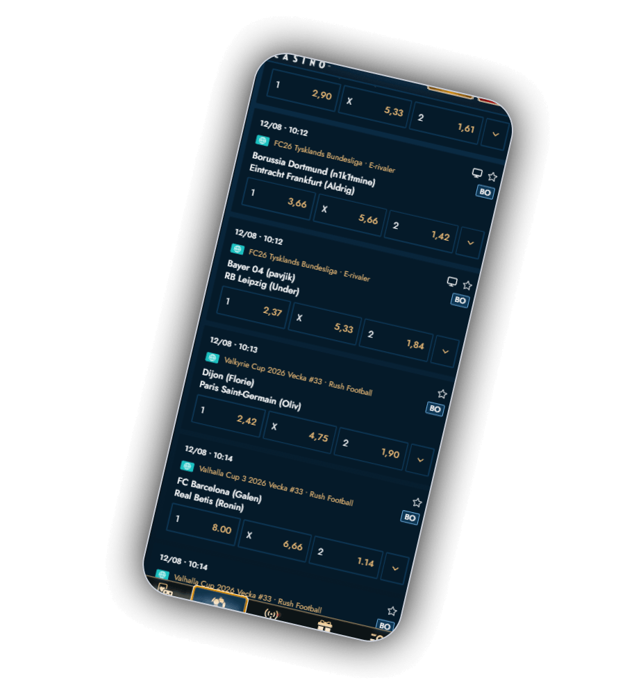 Sportlistan med simulerade matcher, spelarhandtag och odds minut för minut
